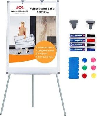Makello Flipchart 90x60cm, Whiteboard mit Ständer, Höhenverstellbar, Abwischbar