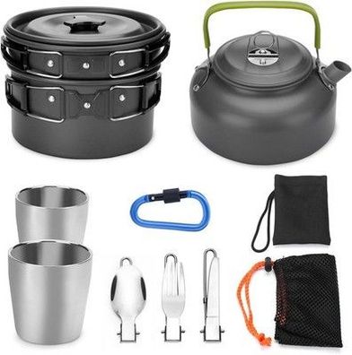 11-tlgs. Camping Kochgeschirr Set für 1-2 Personen, Camping Kochset Topf Pfanne