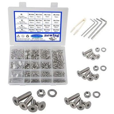 Newlng 1065 Stück M2 M3 M4 M5 Schrauben Set Hex flach-Knopf Senkschrauben 304