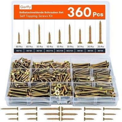 Gorffy Schrauben Set, 360-tlg Holzschrauben Selbstschneidende Schrauben Senkkopf