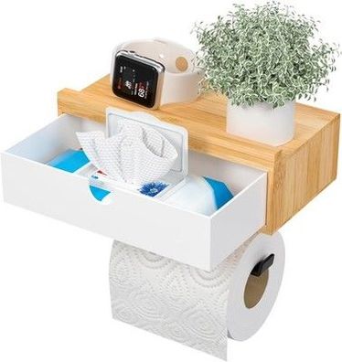 Exabang Toilettenpapierhalter Bambus mit Feuchttücherbox, Klopapierhalter Bad