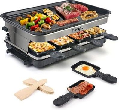 Raclette Grill 8 Personen Grillplatte Antihaft, 1500 W, mit 8 Mini Pfännchen