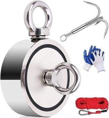 Magnetfischen Set 770KG Doppelseitig Ösen-Magnet + Seil 20M Carabiner, Angeln