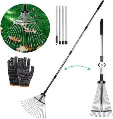 Laubrechen Verstellbar mit Stiel 215cm Fächerbesen Laubbesen Laubharke Metall