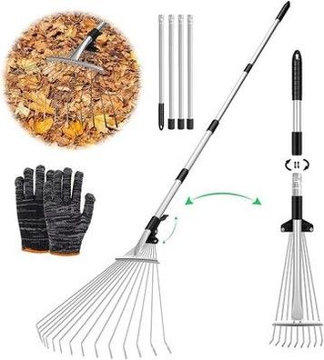 Laubrechen Verstellbar mit Stiel 215cm, Fächerbesen Laubbesen, Laubharke Metall
