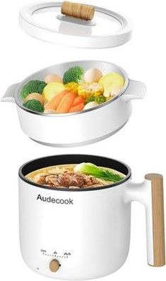 Audecook Elektrischer Dampfkocher, tragbarer Mini-Reisekocher, 1,8 Liter, weiß