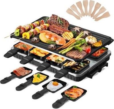 2-in-1 Raclette Grill 8 Personen Elektrisch Tischgrill Antihaftbeschichtet 1300W
