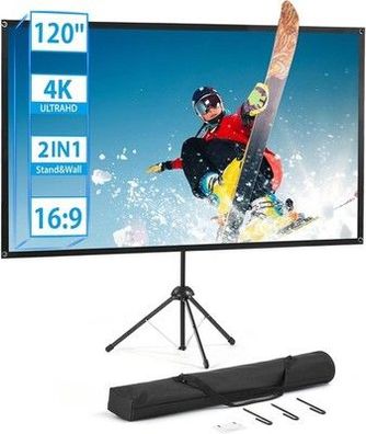 Beamer Leinwand mit Stativ, Tragbar Projektor Leinwand 120 Zoll, 16:9, 4K HD