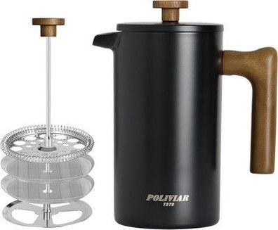 Poliviar French Press Kaffeebereiter 1 Liter/8 Tassen, Doppelwandig Isoliert