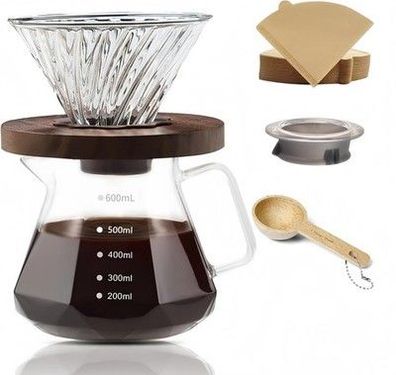 Pour Over Kaffeebereiter-Set 600ml Borosilikatglas-Kaffeeserver 50x Papierfilter