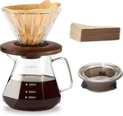 Pour Over Kaffeebereiter, 600 ml Borosilikatglas-Karaffe mit 100x Papierfilter