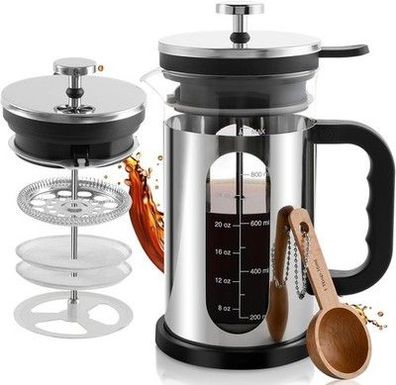 French Press Kaffeemaschine, 1000 ml, Borosilikatglas, Edelstahl, Kaffeebrauer