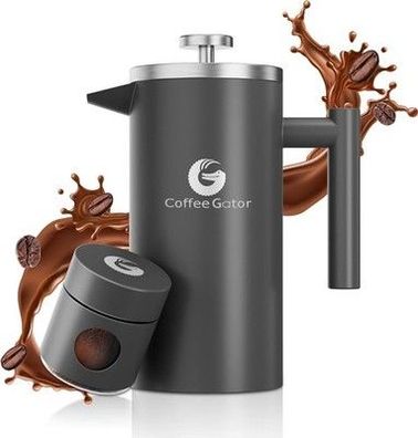 Coffee Gator French Press Kaffeemaschine 1 Liter Kaffeebereiter, Tragbar, Grau