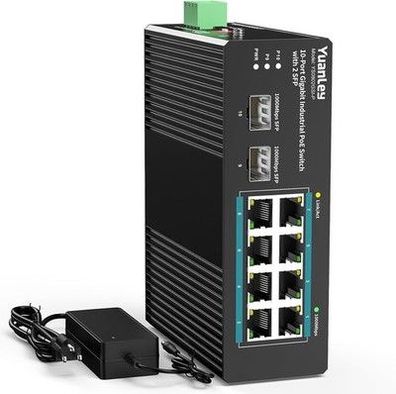 YuanLey 10-Port Industrie-Switch mit 8X PoE Gigabit & 2X SFP Ports 120W Netzteil