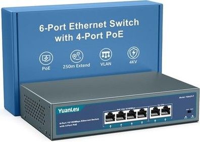 YuanLey 4-Port-PoE-Switch mit 2 Ethernet-Uplinks, 4 PoE+ 100Mbps-Ports, 78W