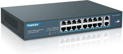 YuanLey 18 Port PoE Switch, 16 PoE+ Port 100Mbps, 2 Uplink Gigabit, 250W Schwarz