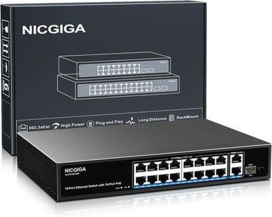 16 Port PoE Switch Unmanaged, 16-Port PoE+@250W, 2 Gigabit Uplink Ports, 1 SFP