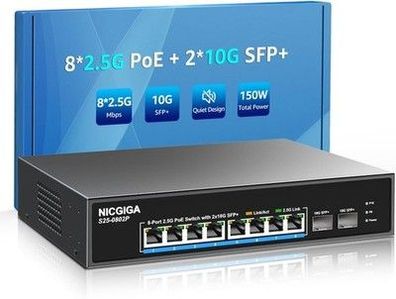 8 Port 2.5G PoE Switch Unmanaged 2.5Gb Base-T PoE+@130W + 2 x 10G SFP+ Uplink