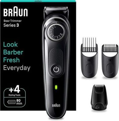 Braun Barttrimmer Series 3, Elektrischer Bartschneider Herren mit 4 Zubehörteile
