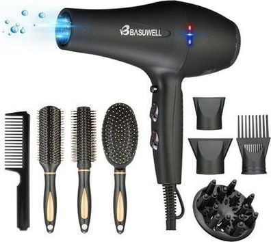 Föhn Ionen Fön Schnelles Trocknen Salon 2400W Haartrockner mit Zubehör, schwarz
