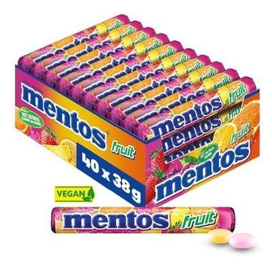 Mentos Fruit Dragees, Frucht-Kau-Bonbons, Orange, Zitrone, Erdbeere, 40 Rollen