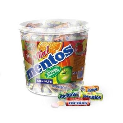 Mentos Mini Fruit Mix Bucket, Eimer mit 120 mini Rollen à 5 Frucht-Dragees