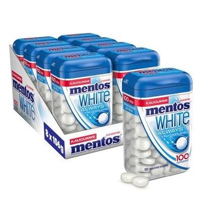 Mentos Kaugummi Always White, 8 XL-Dosen zuckerfreie Dragees à 100 Stk. (8x106g)