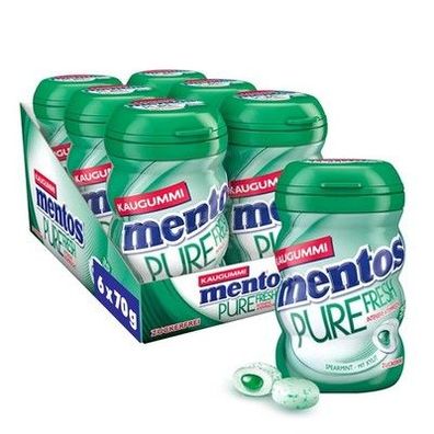 Mentos Kaugummi Pure Fresh Spearmint, 6 Boxen zuckerfreie Dragees (6 x 35 Stück)