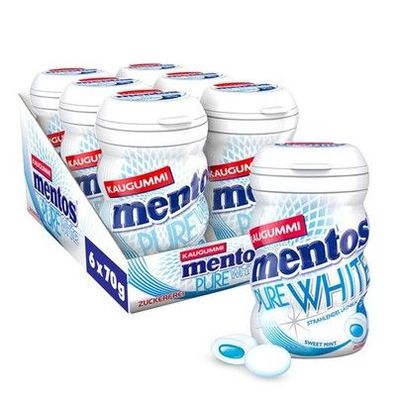 Mentos Kaugummi Pure White Sweet Mint, 6 Boxen zuckerfreie Dragees (6x 35 Stück)