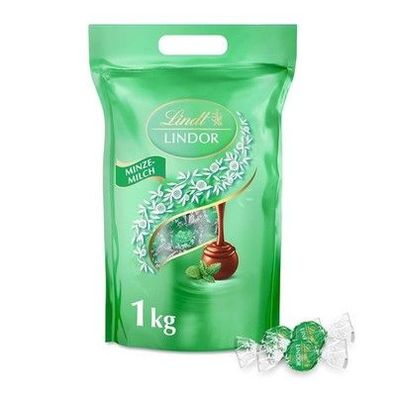 Lindt LINDOR, Minze Milch Schokolade Kugeln Beutel, 1kg Beutel, ca. 80 Kugeln
