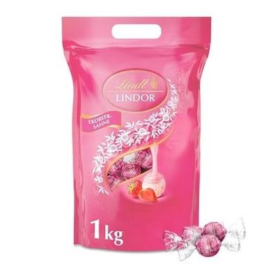Lindt LINDOR Schokolade 1kg Beutel 80 Kugeln weiße Schokolade Erdbeer-Sahnecrème