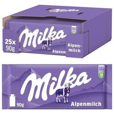 Milka Alpenmilch-Schokolade – Tafelschokolade aus zarter Alpenmilch (25 x 90g)