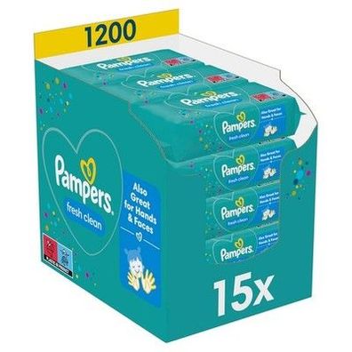 Pampers Fresh Clean Feuchttücher 15 Packungen mit 80 Stück, 1200 Feucht-Tücher