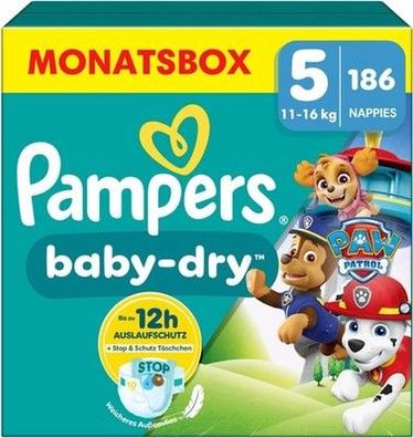 Pampers Baby-Dry Paw Patrol Edition Größe 5, 186 Windeln, 11kg-16kg, Komfortabel