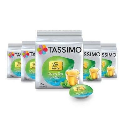 Tassimo Kapseln Tea Time Grüner Tee mit Minze, 5 x 16 Pads, 80 Teekapseln, 200g