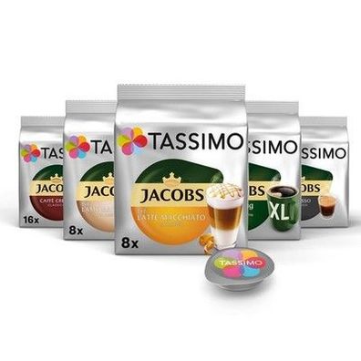 Tassimo Kapseln Probierbox, Vielfaltspaket, 64 Pads, 5 Sorten, Pflanzenbasiert