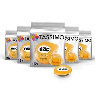 Tassimo Kapseln Café HAG, Crema, 5 x 16 Pads, 80 Kaffeekapseln, Entkoffeiniert