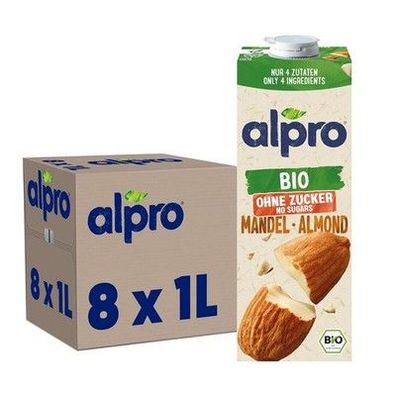 Alpro Bio Mandeldrink ohne Zucker – 8 x 1 Liter, Glutenfrei, Laktosefrei