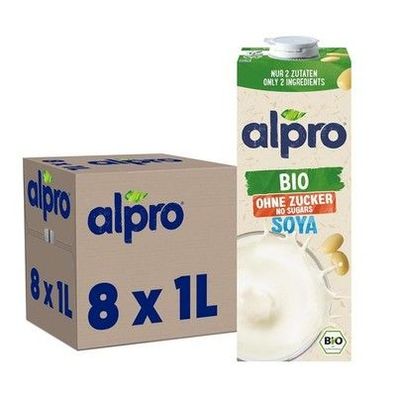 Alpro Bio Soyadrink ohne Zucker – 8 x 1 Liter, Pflanzenbasiert, Vegan, 8 Liter