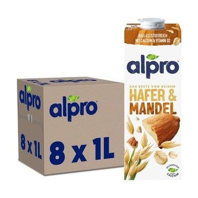 Alpro Hafer-Mandeldrink – Vegan & milchfrei – Von Natur aus laktosefrei – 8 x 1L
