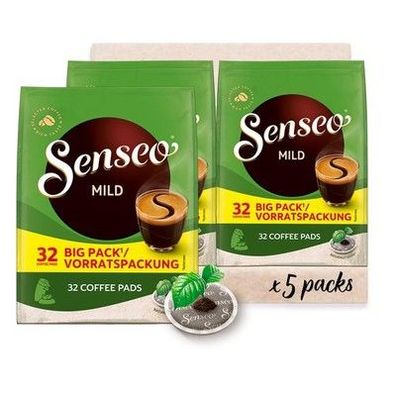 Senseo Pads Mild, Vorratspackung 5x 32 Getränke, 160 Kaffeepads, Leichte Röstung