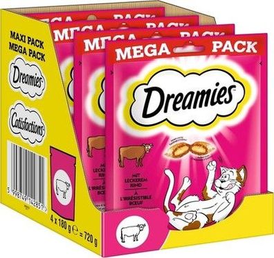 Dreamies Katzensnacks mit Rind – Traumhaft knusprige Taschen (4 x 180g) Leckerli