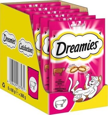 Dreamies Katzensnacks - 6x60g - mit Rind - Traumhaft knusprige Katzen Leckerlies