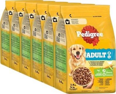 Pedigree Adult Hunde Trockenfutter für ausgewachsene Hunde mit Geflügel 6x1,4kg