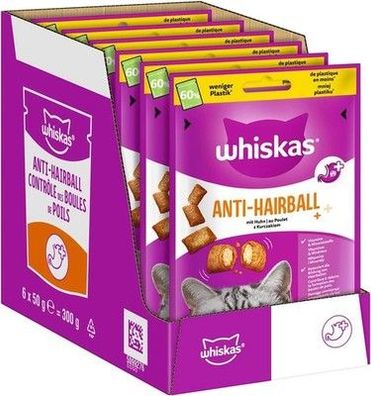Whiskas Anti-Hairball Katzensnacks 6 x 50g – Snacks gegen Haarballen, Katzen