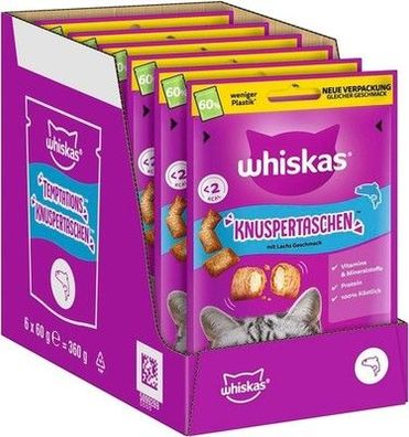 Whiskas Knuspertaschen Katzensnacks mit Lachs 6 x 60g – Leckere Lachs-Snacks
