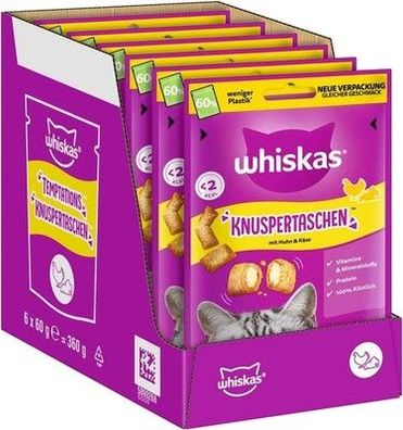 Whiskas Knuspertaschen Katzensnacks Huhn & Käse 6 x 60g – mit Huhn und Käse