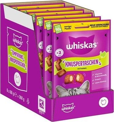 Whiskas Knuspertaschen Katzensnacks mit Pute 6x 60g – Snacks mit Pute für Katzen