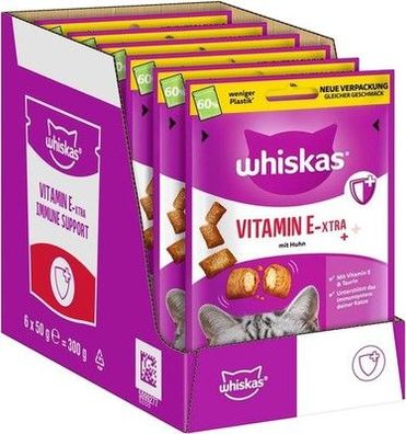 Whiskas Becher Vitamin E-Xtra Katzensnacks 6 x 50g – mit extra Vitamin E, Katzen