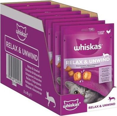 Whiskas Relax & Unwind Katzensnacks im Portionsbeutel für Katzen mit Huhn 8x45g
